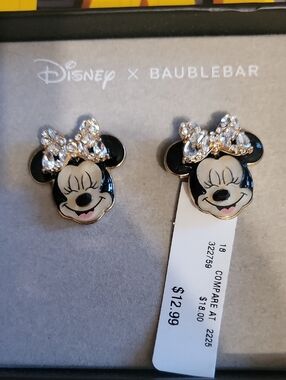 Baublebar Minnie Mouse Black and Gold Crystal Bow Earrings.